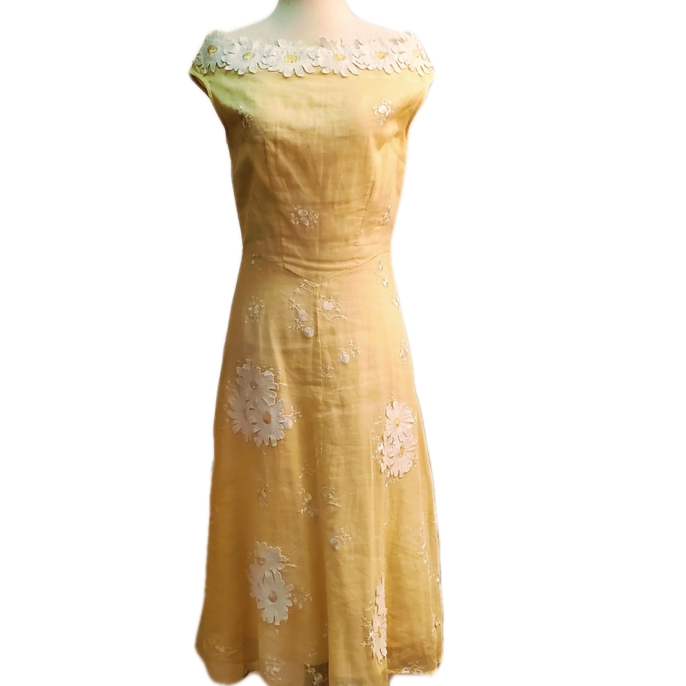 VINTAGE DAISY MIDI DRESS YELLOW WHITE APPLIQUE LINED FULL SKIRT SZ SMALL RUFFLE